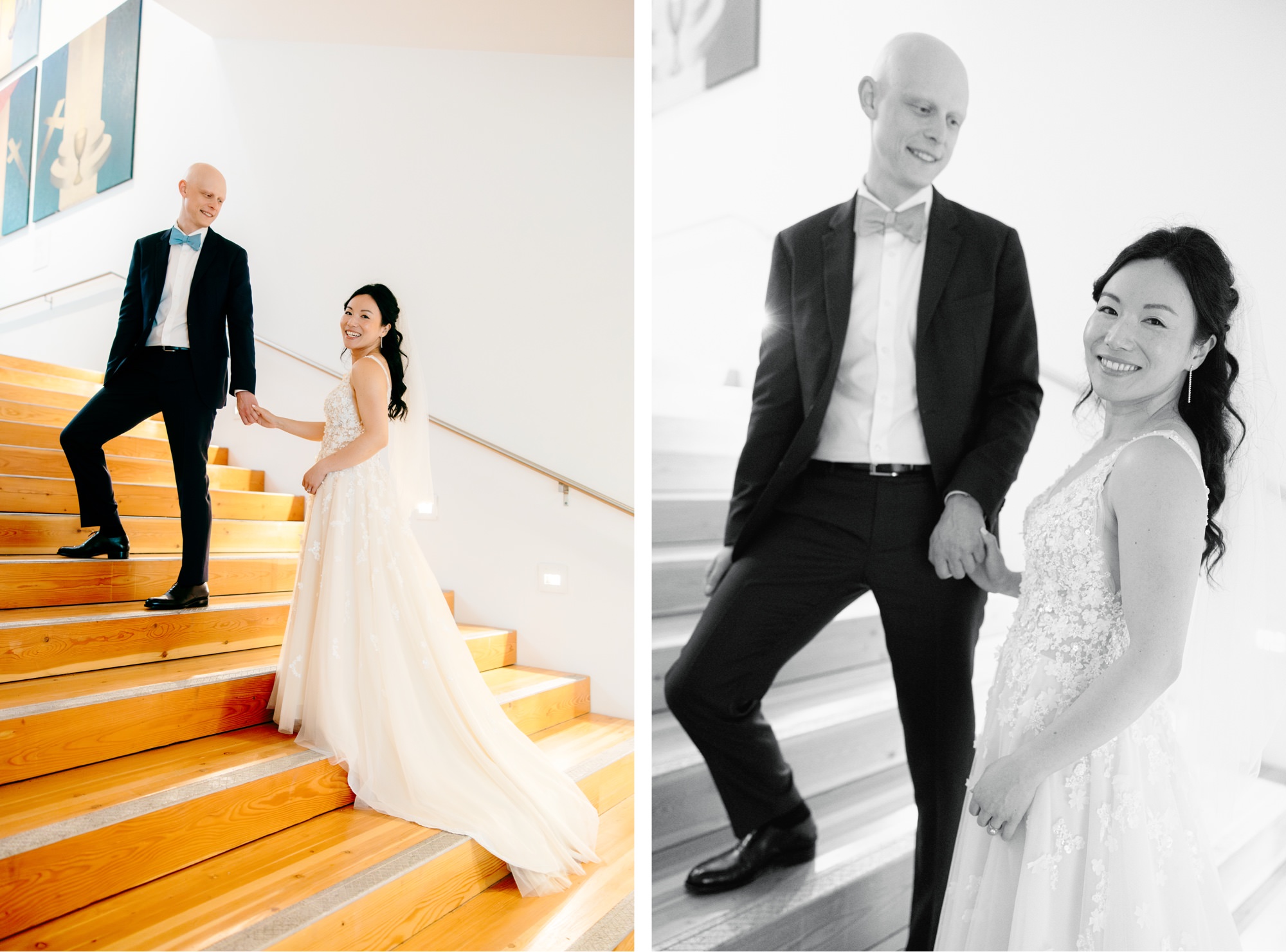 The bride and groom pose for portraits on the large wooden staircase at their museum wedding.