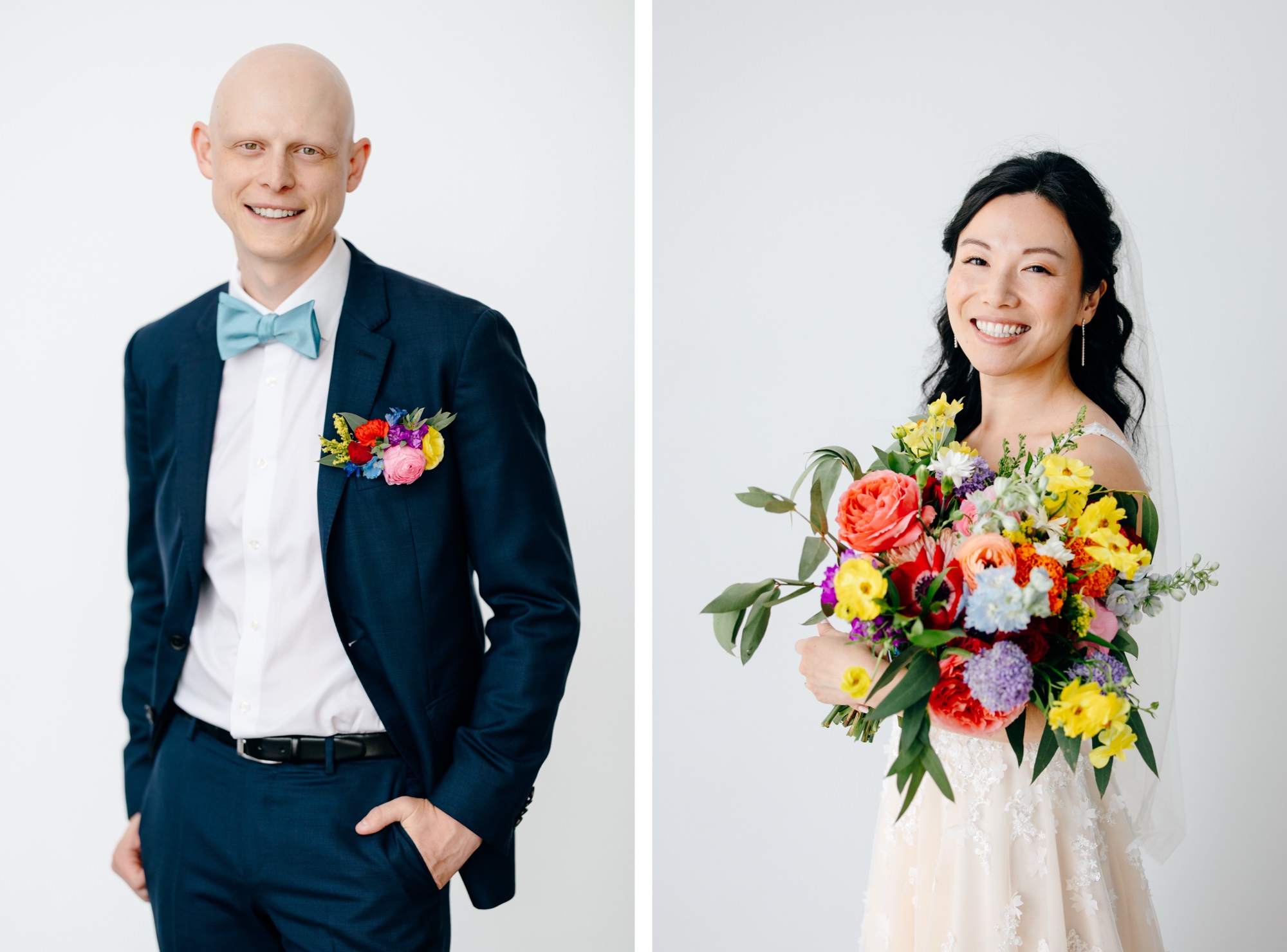 Bride and groom pose for portraits in front of a clean white wall.