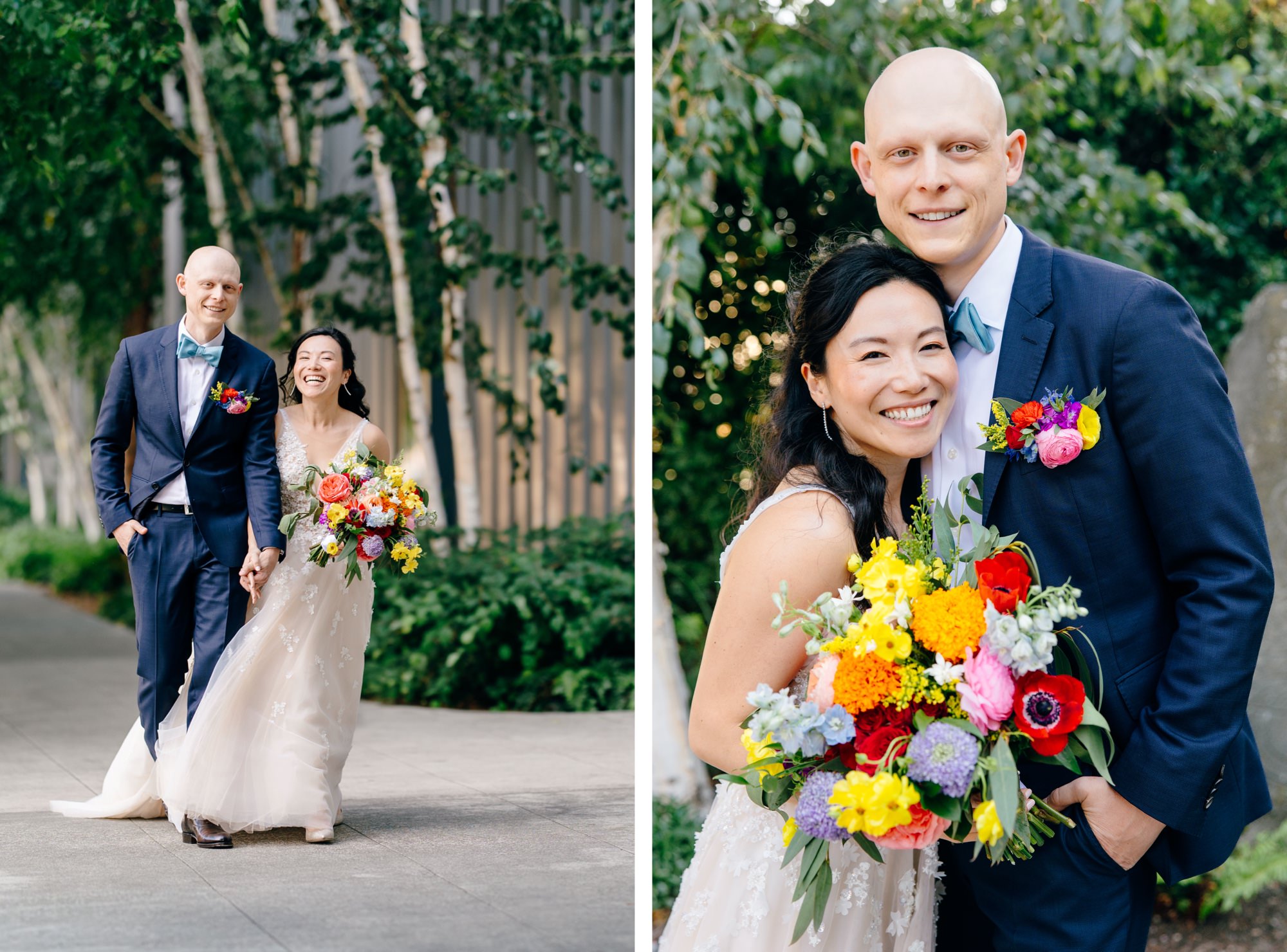 The wedding couple walks along the sidewalk in Ballard.