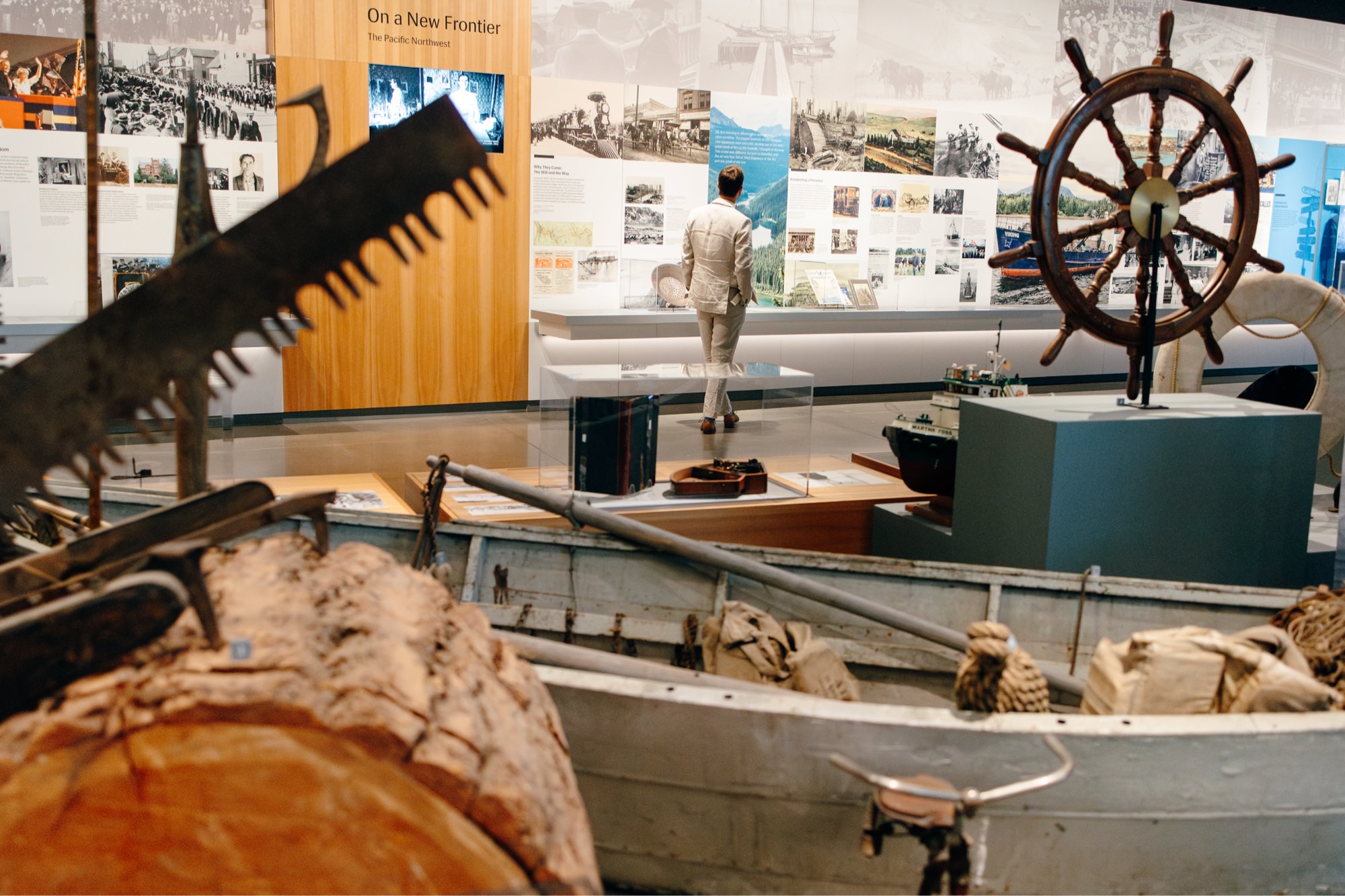 A wedding guest checks out the museum's galleries during a wedding.
