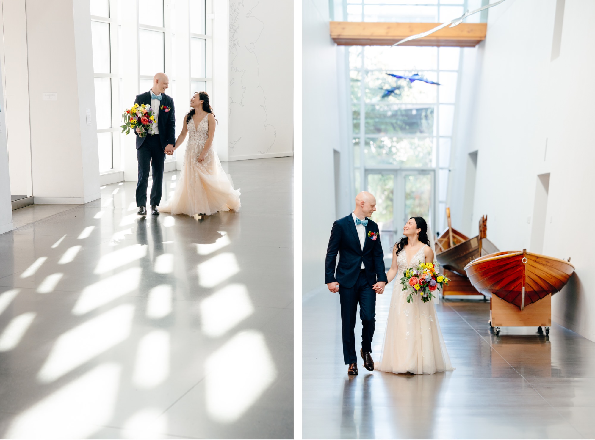 The couple walks through Fjord Hall during their wedding at National Nordic Museum.