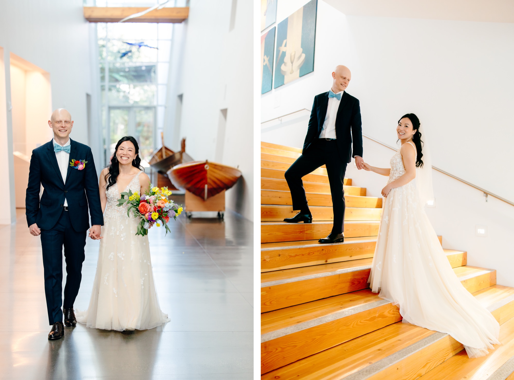 A couple poses for portraits in National Nordic Museum in Ballard.